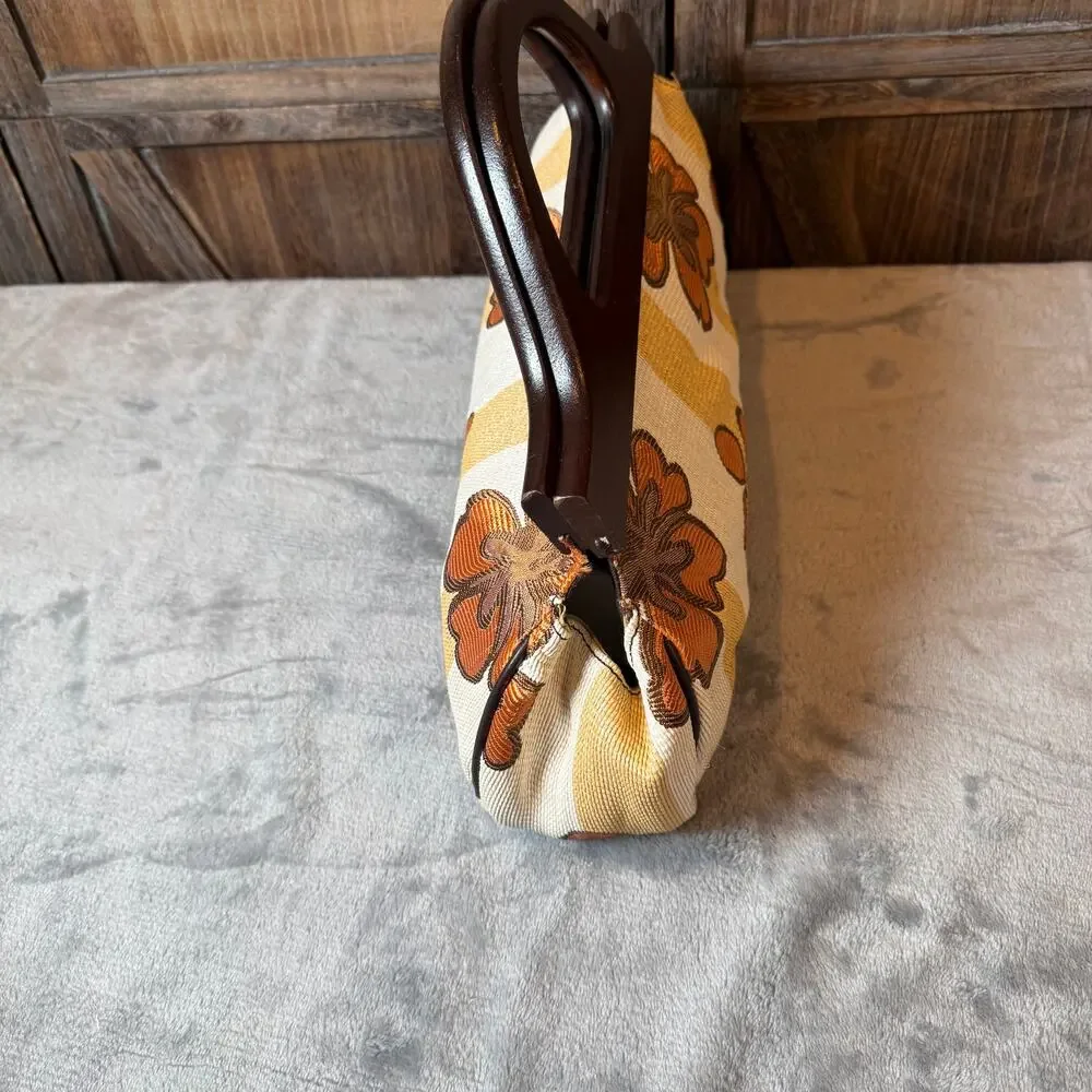 Vintage Nordstrom Italy Floral Tapestry Handbag Wood Handle Boho Retro Purse